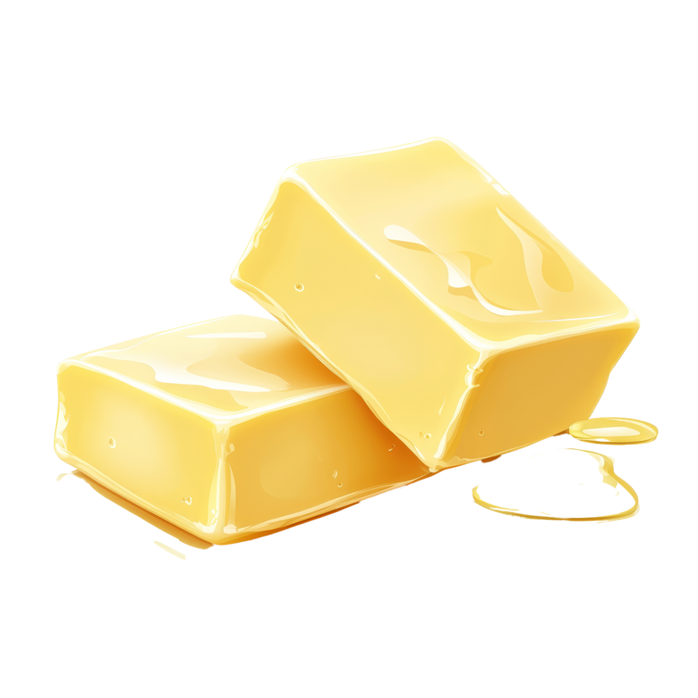 Two delicious pieces of butter melting together on a transparent background creating a rich, creamy texture, Two pieces of butter melting isolated png