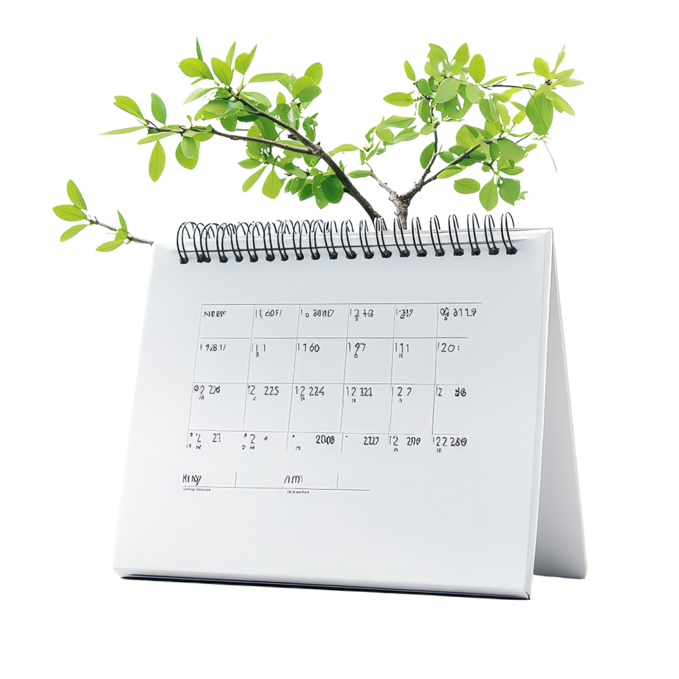 A tabletop calendar featuring a plant sprouting from its spine on a transparent background representing growth and time, table calendar 2023 may isolated on transparent background png