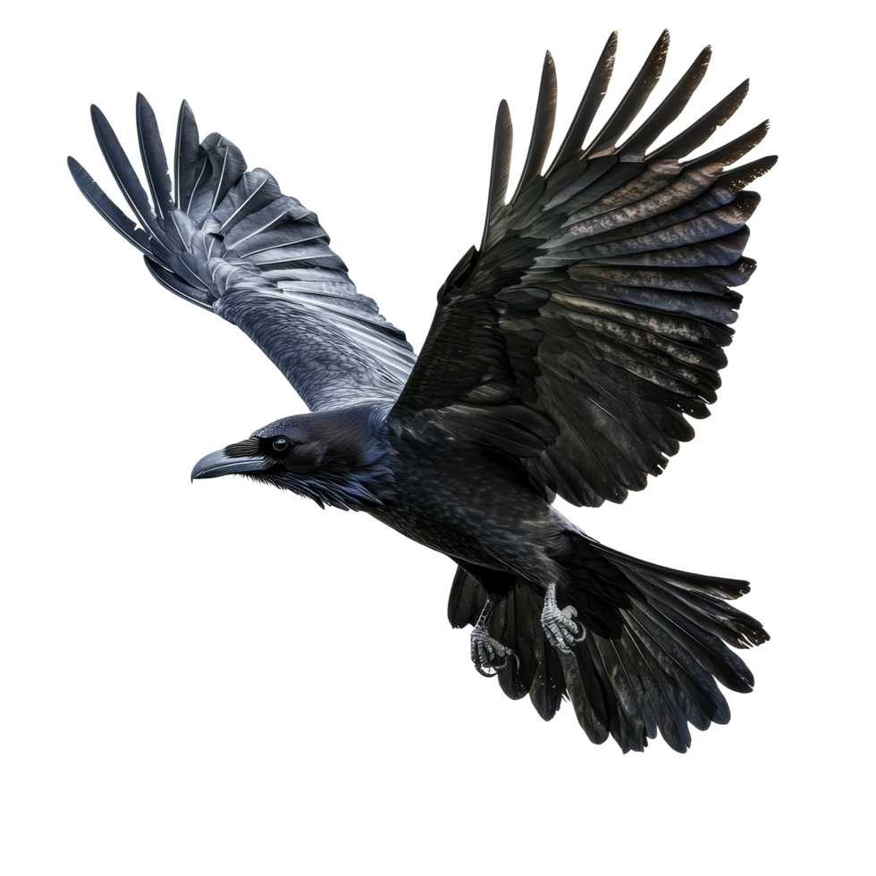 A raven soaring gracefully through the air against a transparent background, showcasing its majestic wingspan, flying raven, file of isolated object on transparent background png