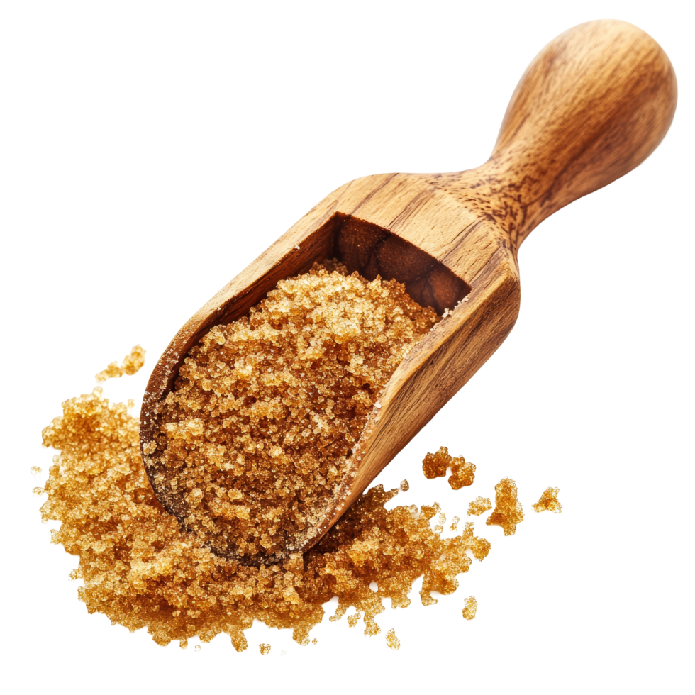 Brown sugar in a wood scoop isolated on a transparent background with a hue for culinary use and presentation, brown sugar in wood scoop isolated on transparent background png