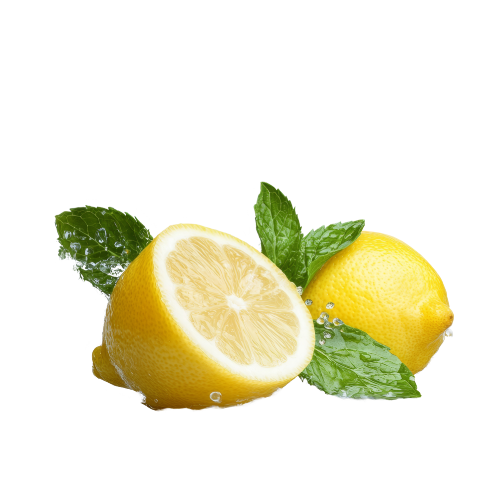 Fresh lemons and mint leaves splashing in crystal clear water against a bright background, Lemon and fresh mint leaves splashing with water png