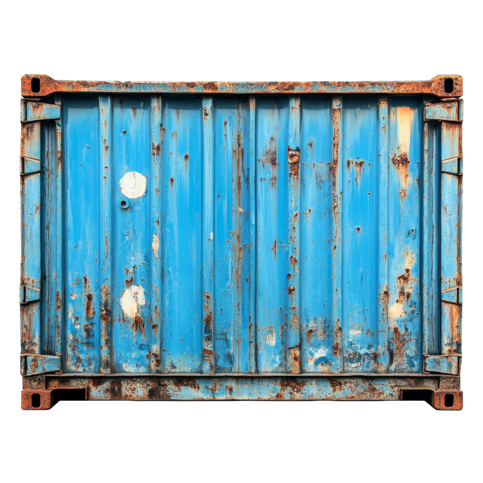 Old blue grunge metal cargo shipping container with rust in isolated view, Blue old grunge metal cargo shipping container isolated on transparent background png