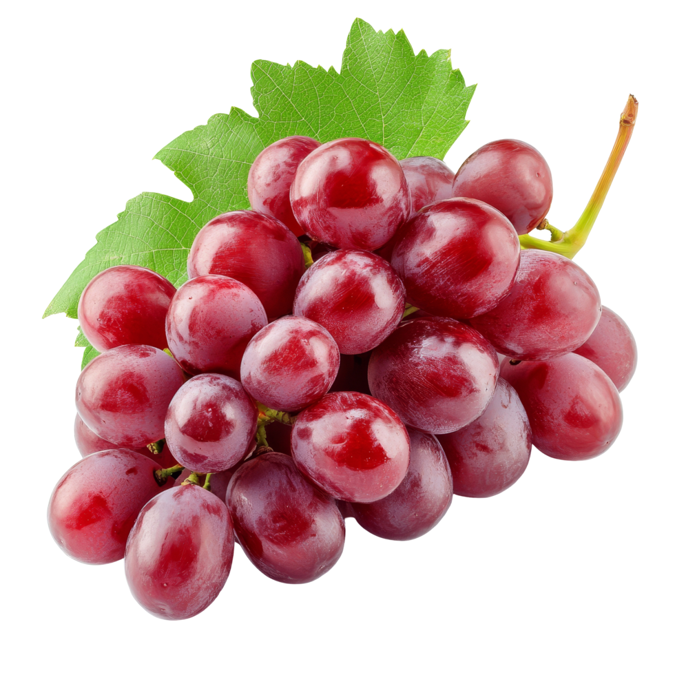 Ripe red grapes with lush green leaves on a clean transparent background highlighting fresh organic produce, Ripe red grape isolated on transparent background png