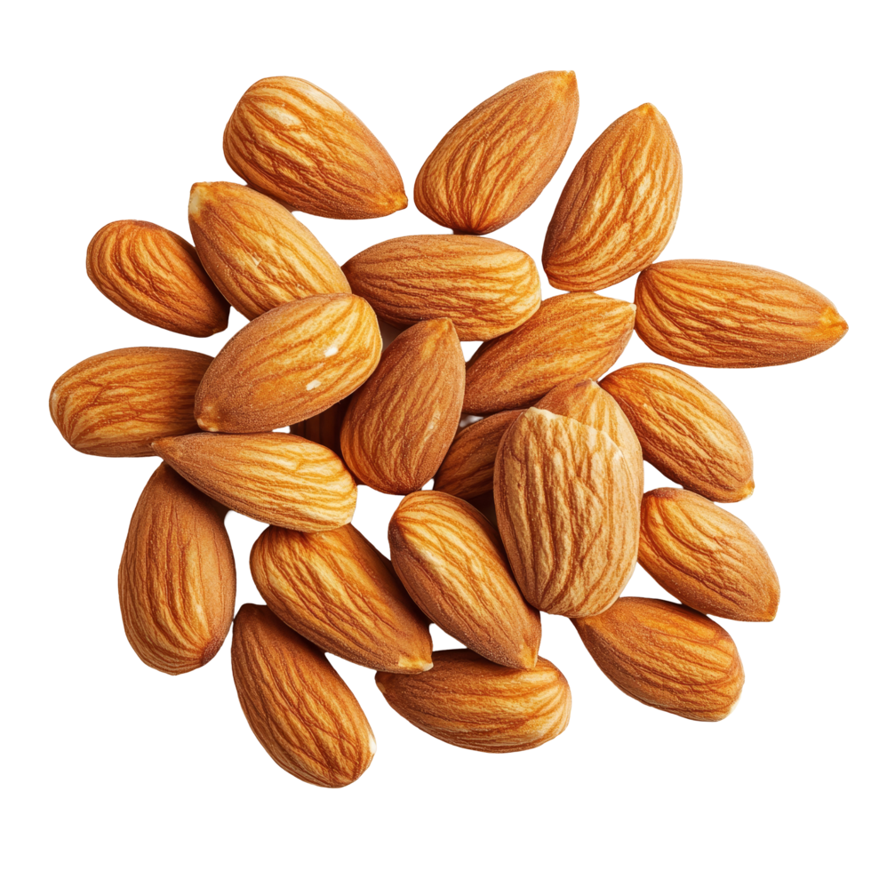 Almonds scattered on a bright transparent background showcasing their natural textures and colors, almonds on transparent background png