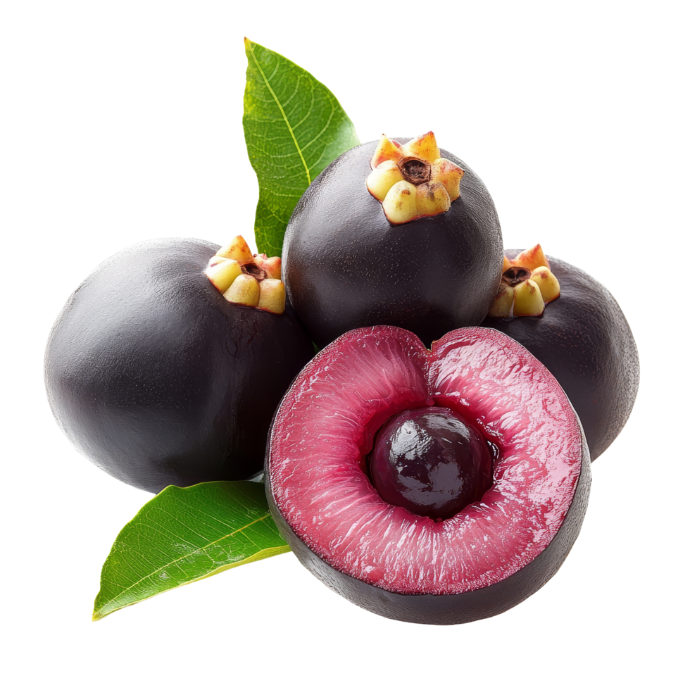 Freshly harvested mangosteens with vibrant purple flesh and green leaves, ready for tasting and enjoyment, mangosteens garcinia mangostana or manggis with leaf on transparent background png