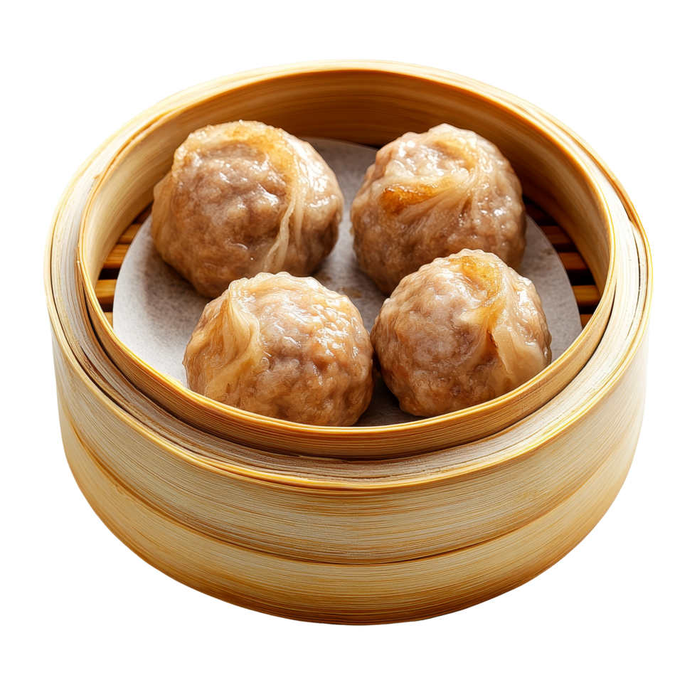 Steamed meatball dim sum served in a bamboo steamer on a bright transparent background, steamed meatball, dim sum food isolated on transparent background png