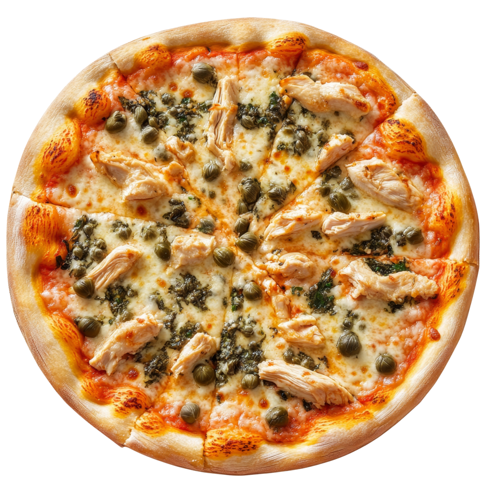 Delicious Italian pizza topped with chicken and capers, perfect for a hearty meal any time of day, Isolated italian pizza with chicken and capers png