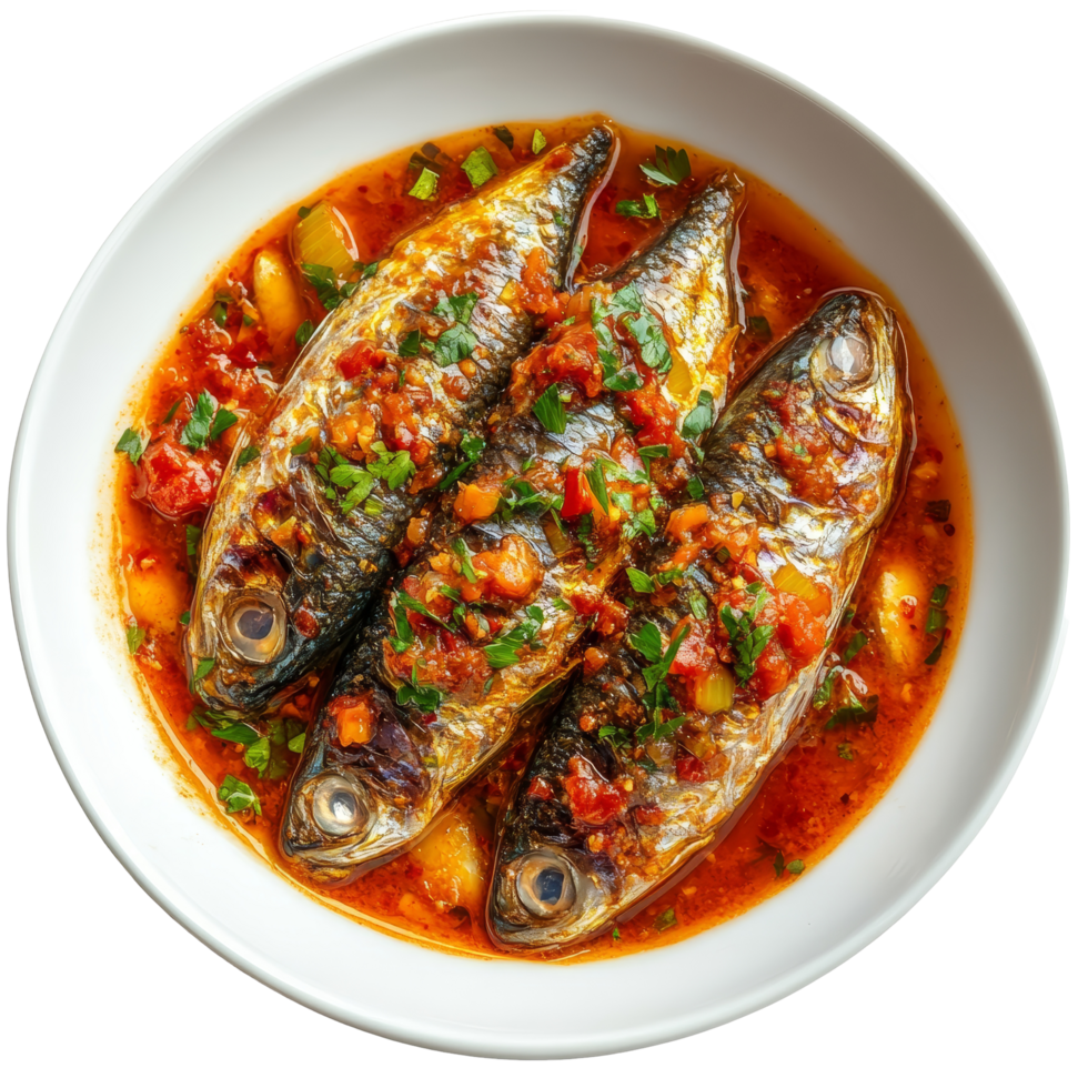 Delicious spicy sardines in tomato sauce served in a bowl for a flavorful Thai meal, Spicy Sardines in tomato sauce canned fish ,Yum thai food style on transparent background png