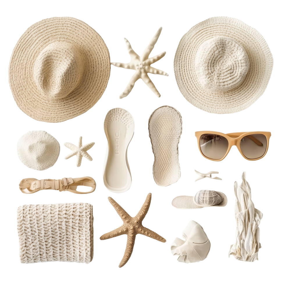 Beach accessories arranged on a transparent background featuring sun hats, sunglasses, and seashells, Beach Accessories on transparent background png