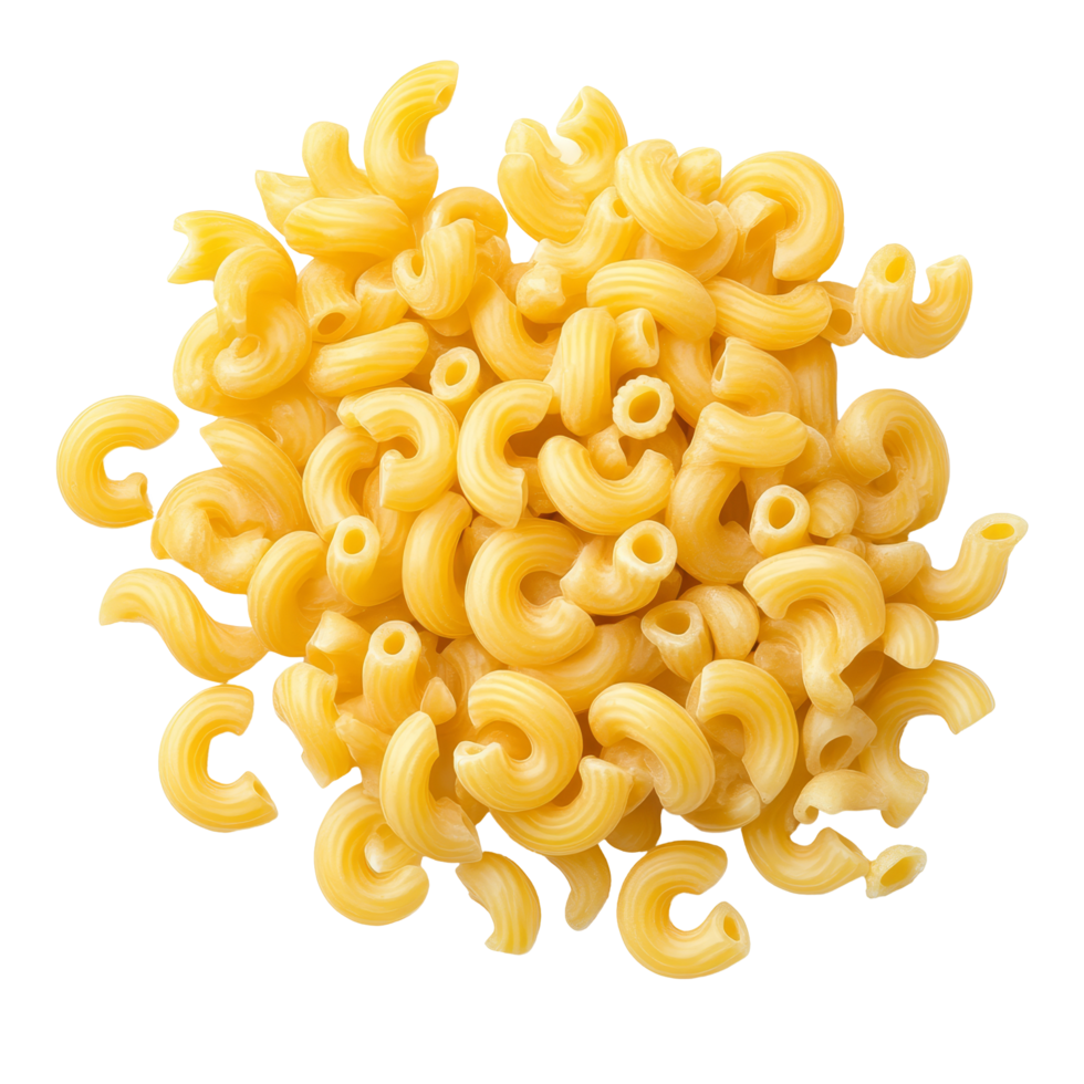 Uncooked elbow macaroni arranged neatly on a transparent background in a welllit setting, uncooked elbow macaroni on transparent background png