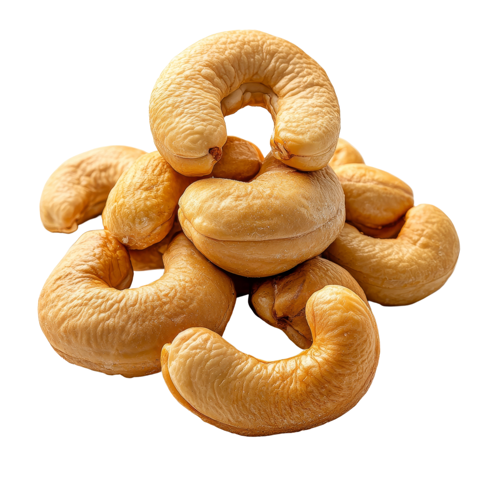 A closeup view of raw cashew nuts arranged on a clean transparent background showcasing their natural shape and texture, cashew nuts on transparent background png