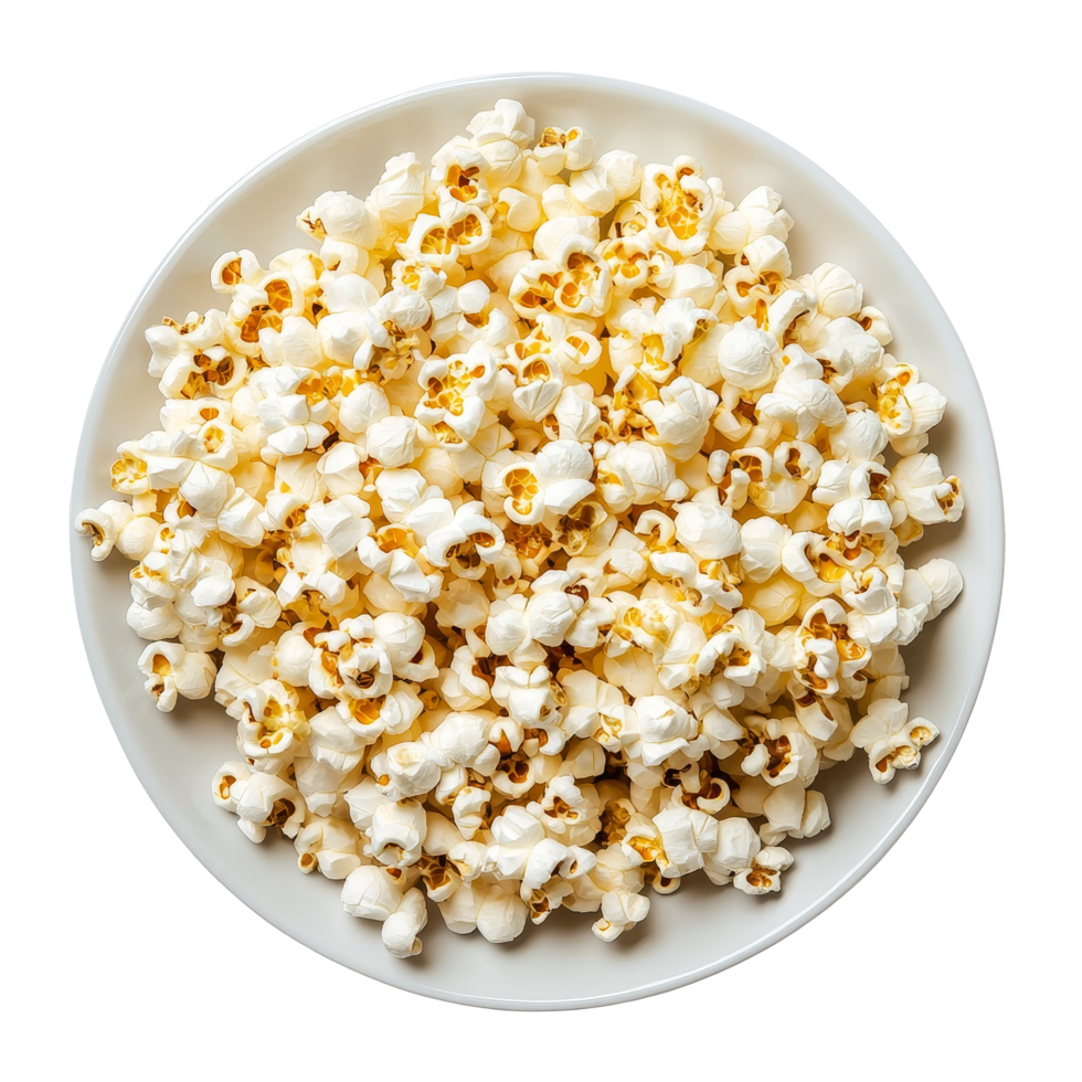 Freshly popped popcorn served in a round plate on a clean transparent background for snacking or movie nights, Popcorn in a plate isolated on transparent background png