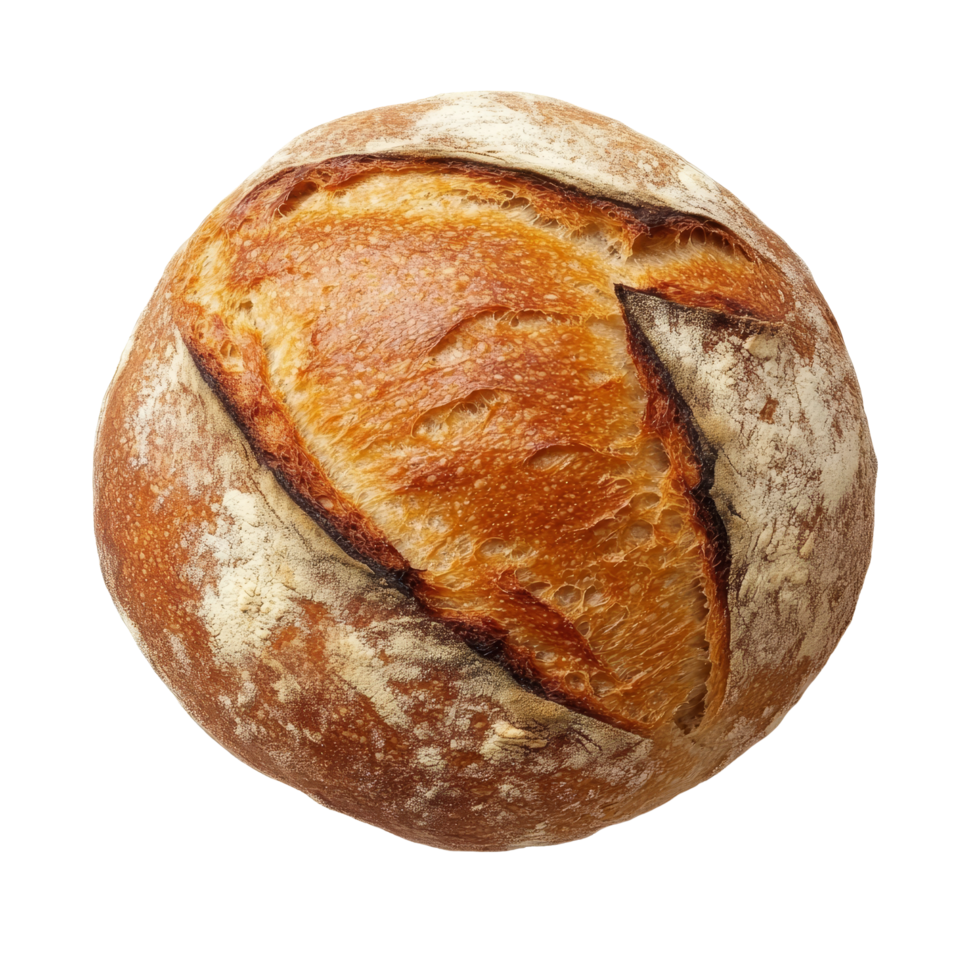 Freshly baked sourdough bread isolated on a transparent background showcasing its artisanal crust and texture, Sourdough bread isolated png