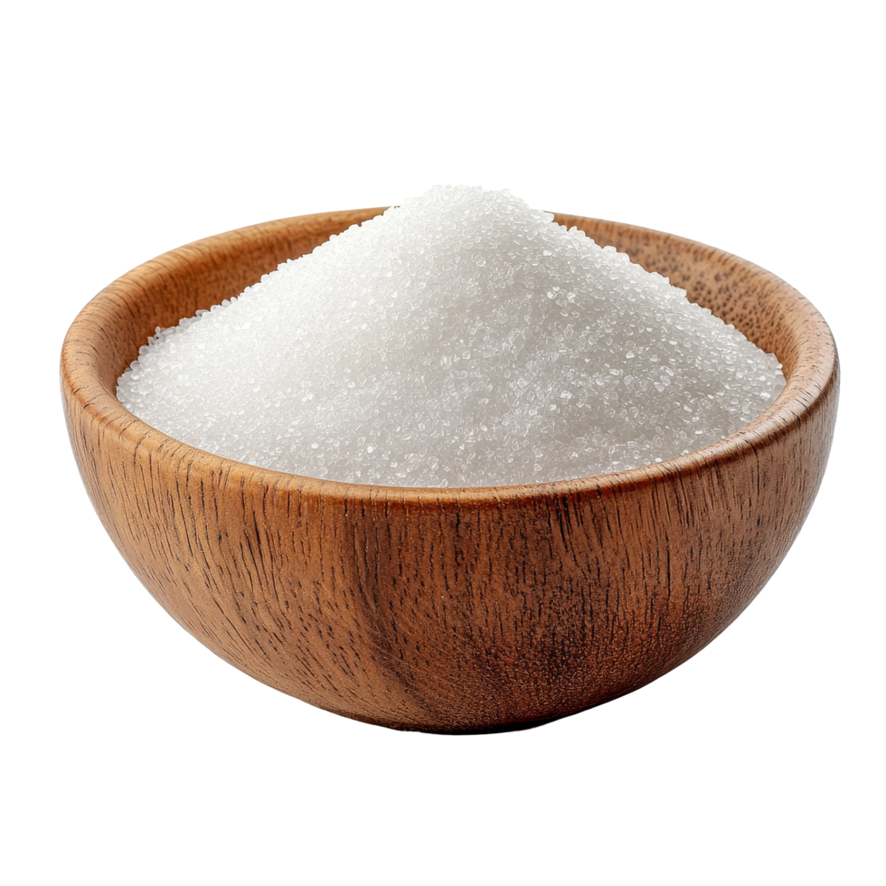 Natural sugar piled in a wooden bowl on a clean transparent background for culinary use and decoration, Sugar in wood bowl on transparent background png