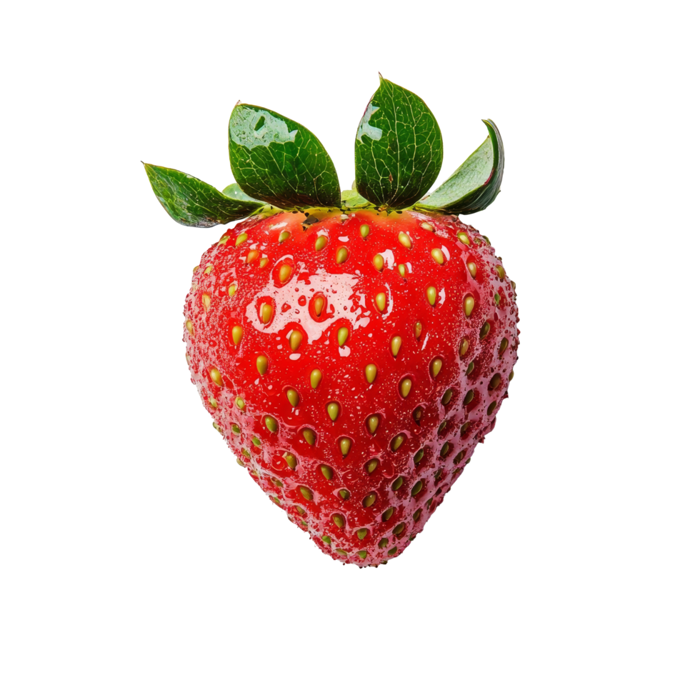 Freshly picked strawberry with dewdrops on a transparent background highlighting its vibrant color and smooth texture, Fresh strawberry isolated png