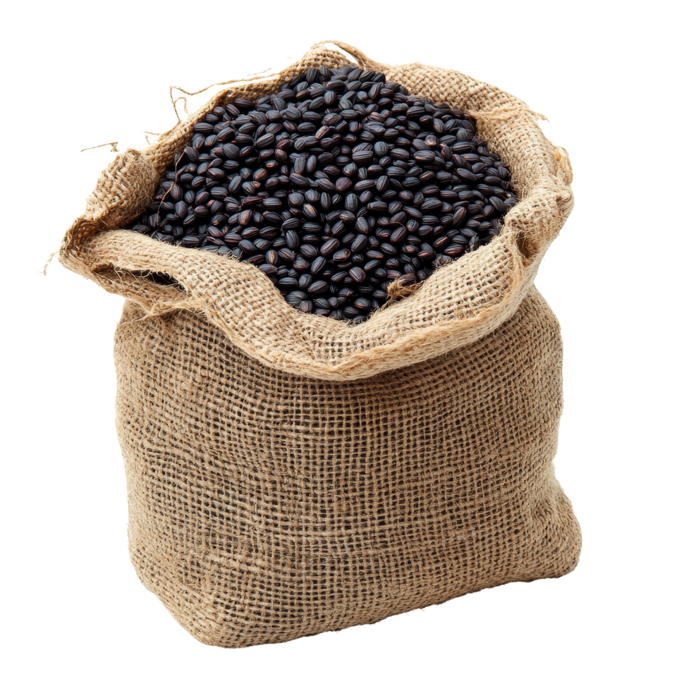 Sack of Rice Berry on a transparent background showcasing the rich texture and color of this nutritious grain, Rice Berry in sack on transparent background png