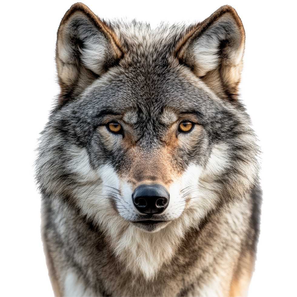 Closeup view of a majestic wolf with striking features on a transparent background, wolf, face shot isolated on transparent background, beautiful, png