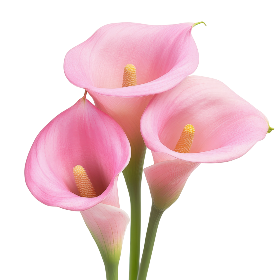 Elegant calla lilies in soft pink tones isolated on a transparent background for floral arrangements and decor, Calla Lilies flowers isolated on transparent background cutout png