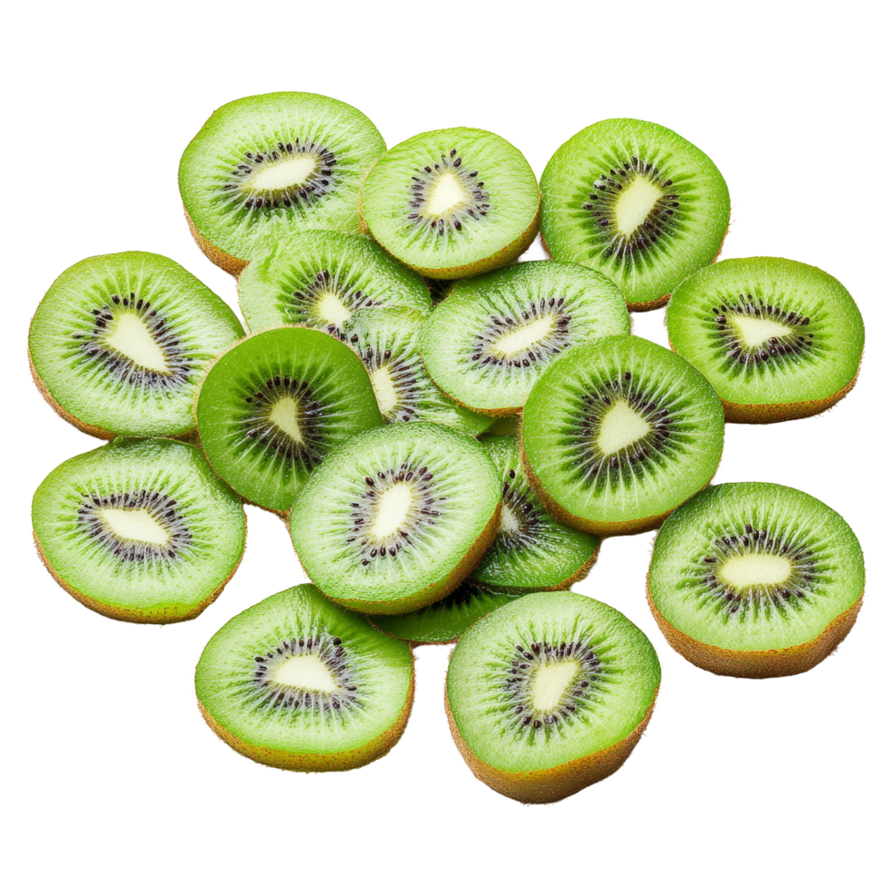 Freshly sliced kiwi fruit arranged on a transparent background ready for a healthy snack or dessert decoration, Many slices of kiwi fruit on transparent background png