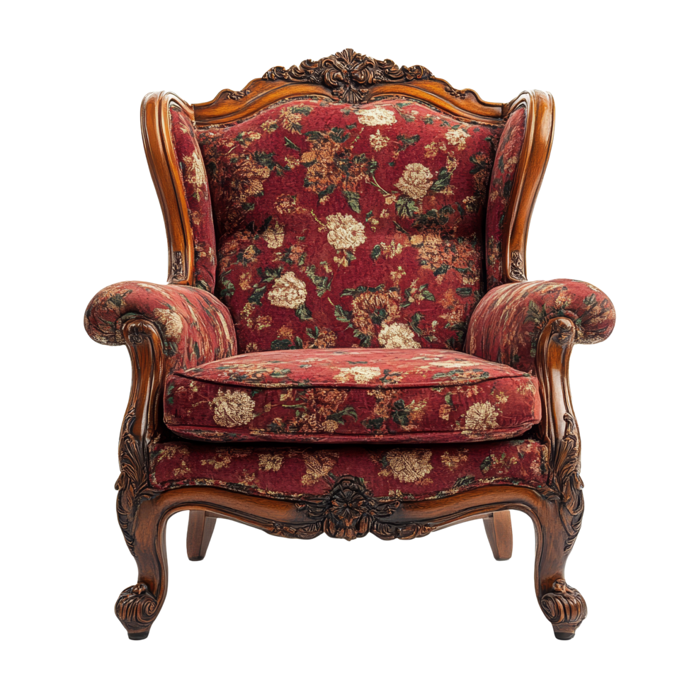 Antique armchair with floral upholstery displayed against a transparent background for elegant decor, antique armchair isolated on transparent png