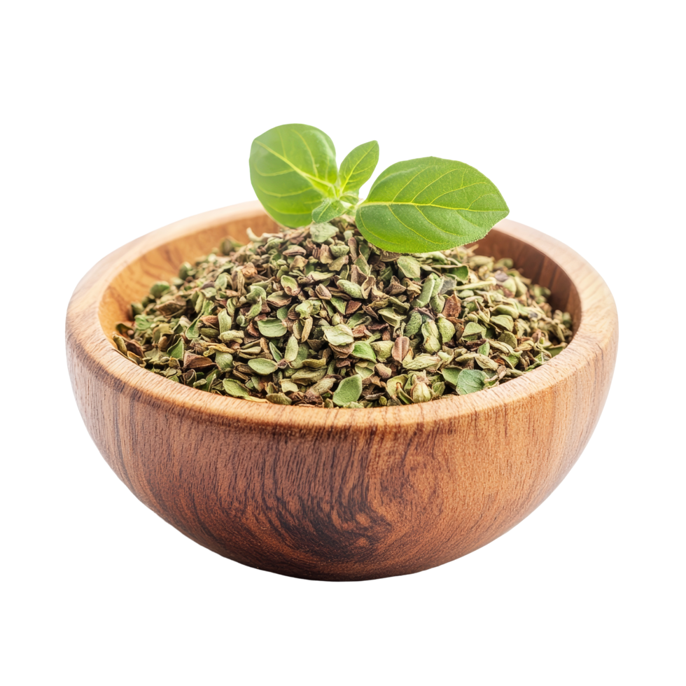Oregano spice with fresh leaves presented in a wooden bowl against a clean transparent background, Oregano spice in wood bowl on transparent background png