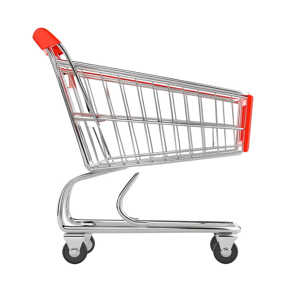 Empty shopping cart render from the side, showcasing a modern design for retail environments, Side view empty shopping cart. 3D render isolated on transparent background. png
