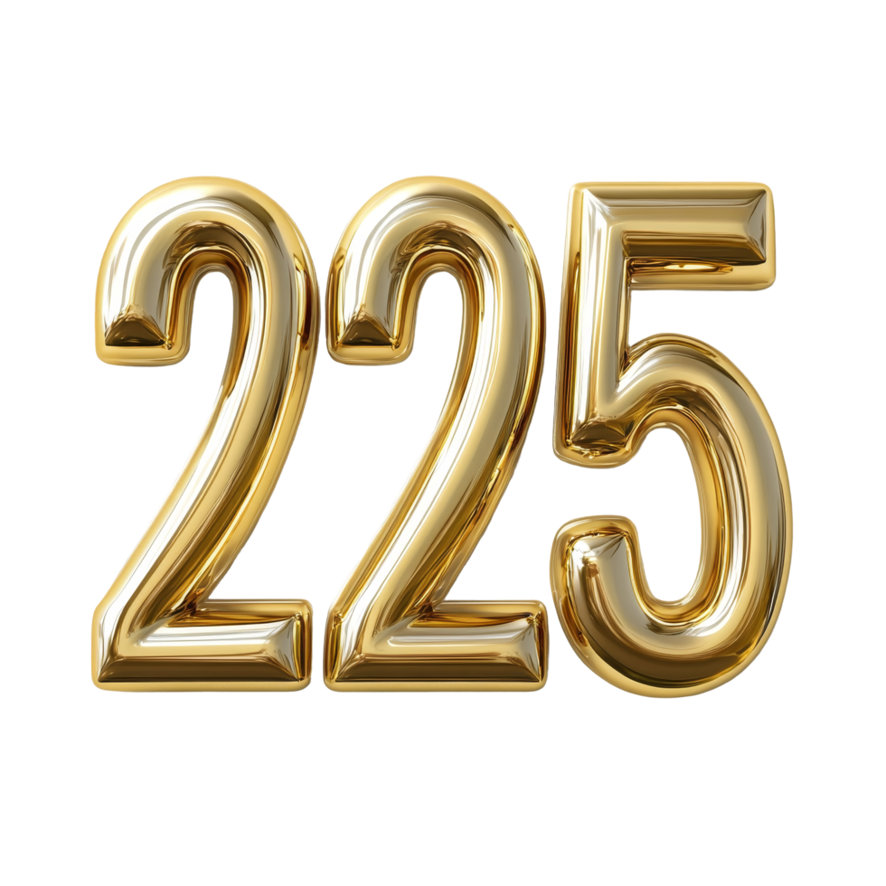 Shiny gold numbers 2, 2, and 5 displayed for New Year celebration decoration idea, 3D Gold Numbers 2025 for New Year Celebration on transparent background png