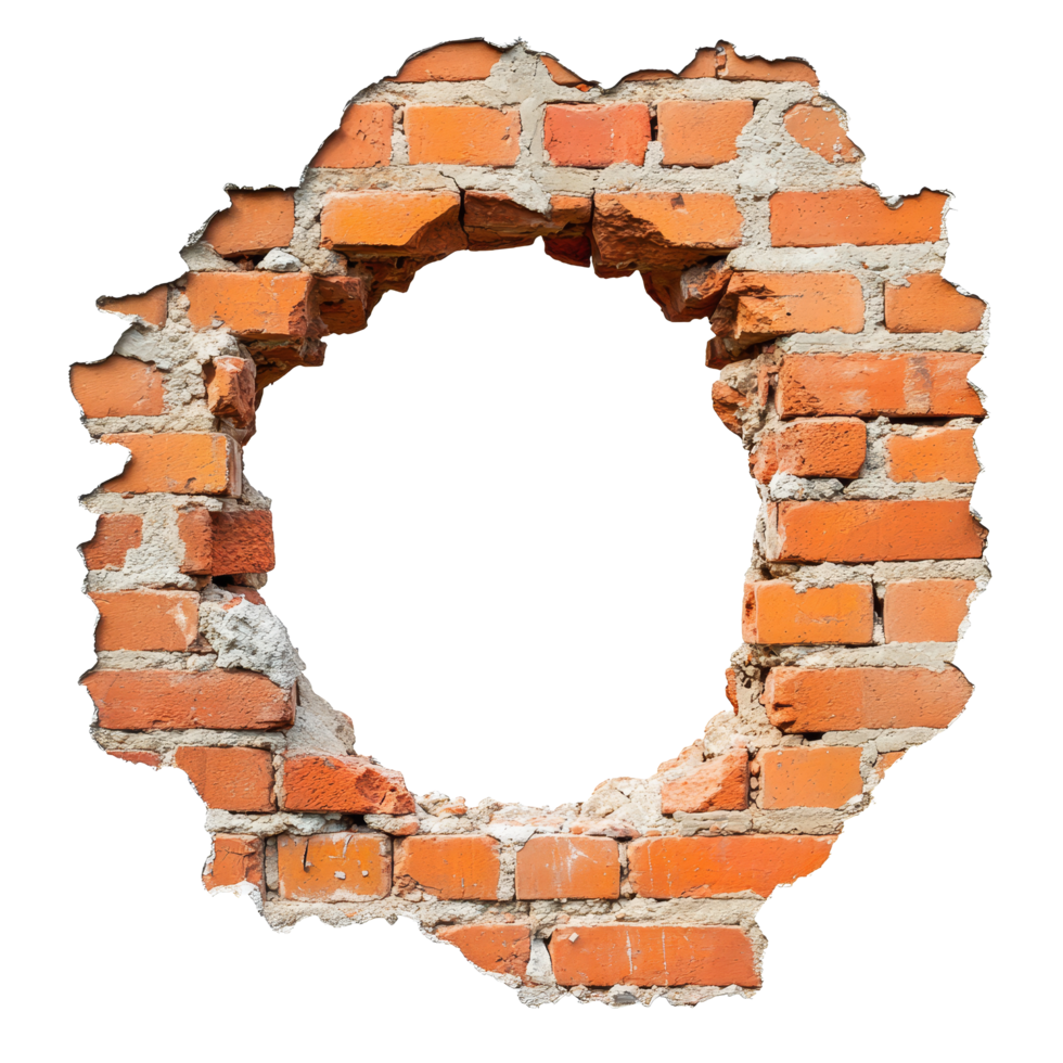 A circular hole in a red brick wall isolated on a transparent background, showcasing exposed bricks and texture, hole in red brick wall isolated on transparent background png