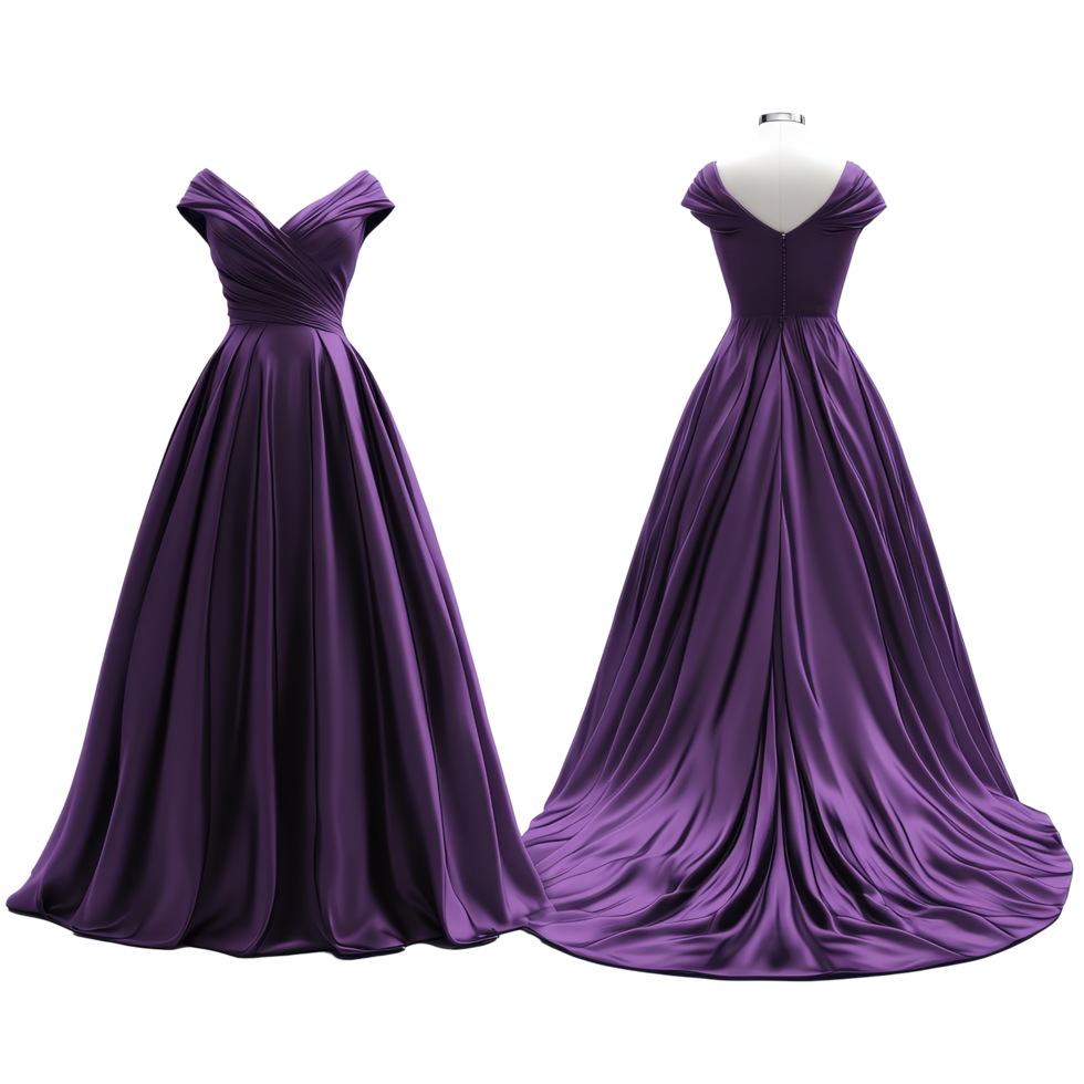 Elegant purple gown mockup displayed from the front and back views, perfect for formal occasions and design showcases, Elegant Purple Gown Mockup from Front and Back Views on transparent background png