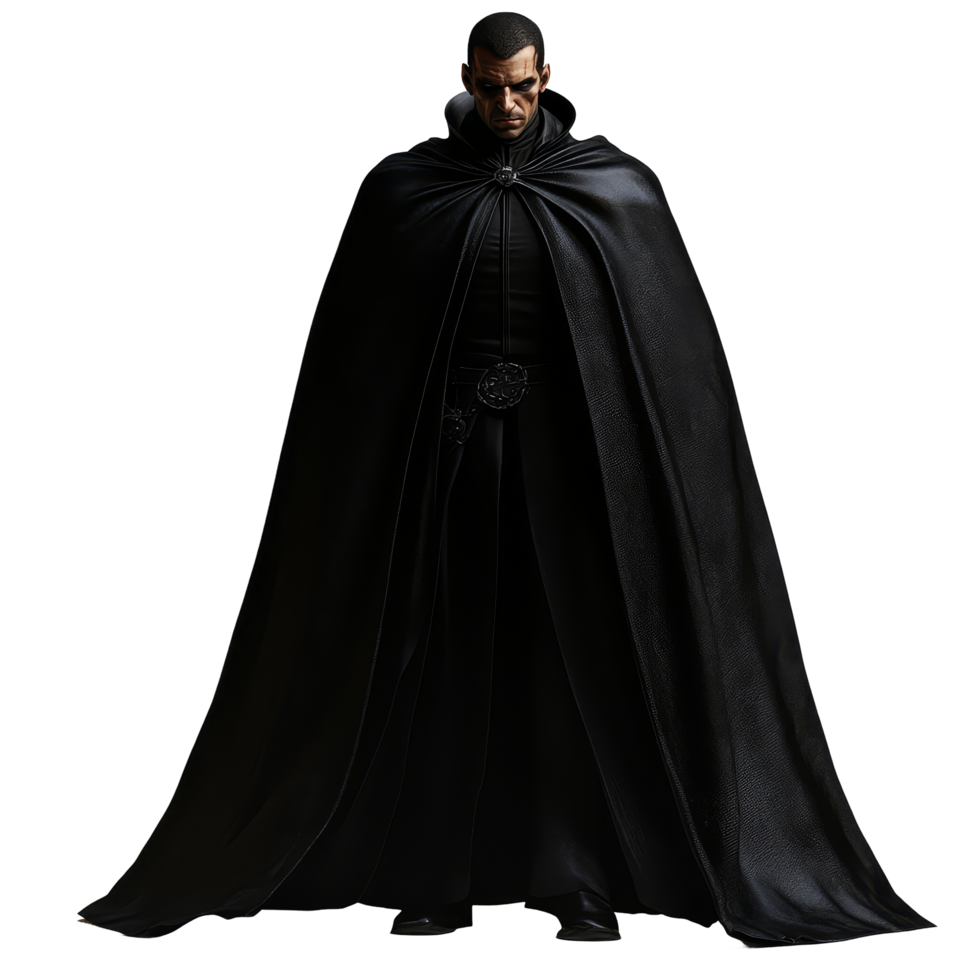 A menacing vampire dressed in a long black cloak stands isolated in an eerie setting at night, scary male vampire in a black cloak, file of isolated object with shadow on transparent background png