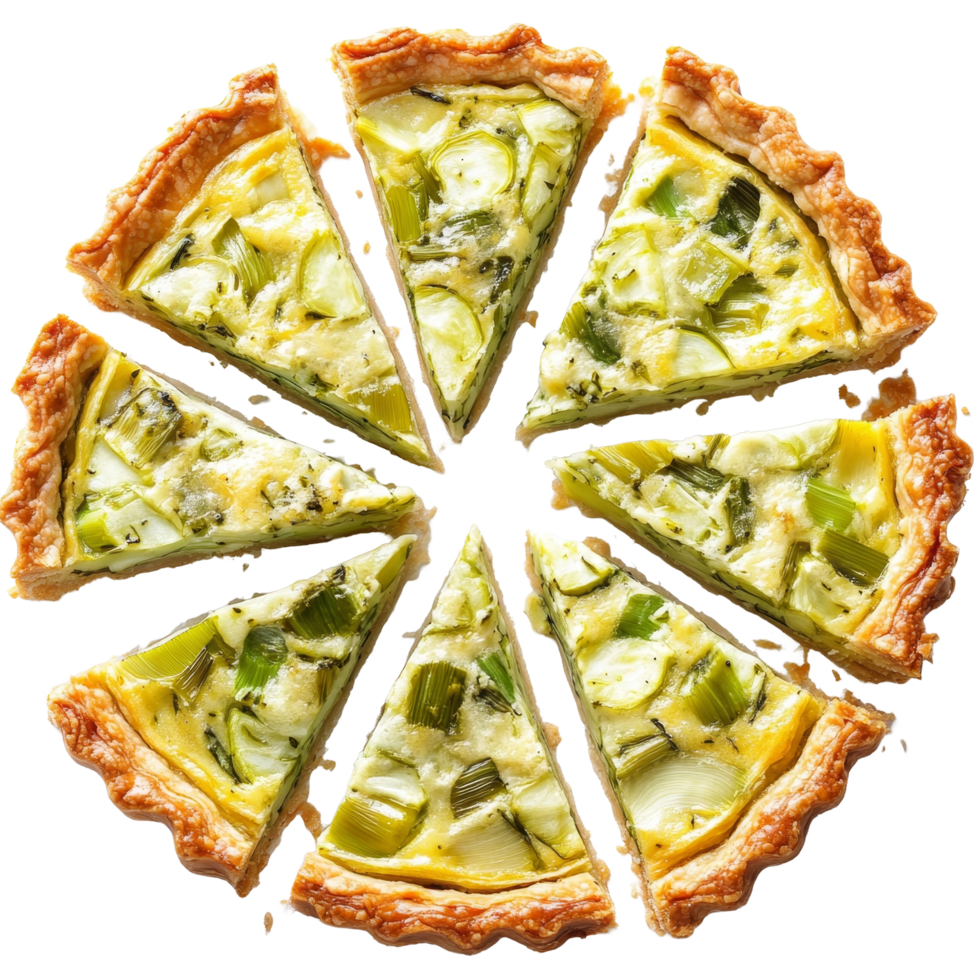 Delicious leek quiche slices neatly arranged on a transparent background ready for serving or presentation, Leek Quiche Slices on transparent background png