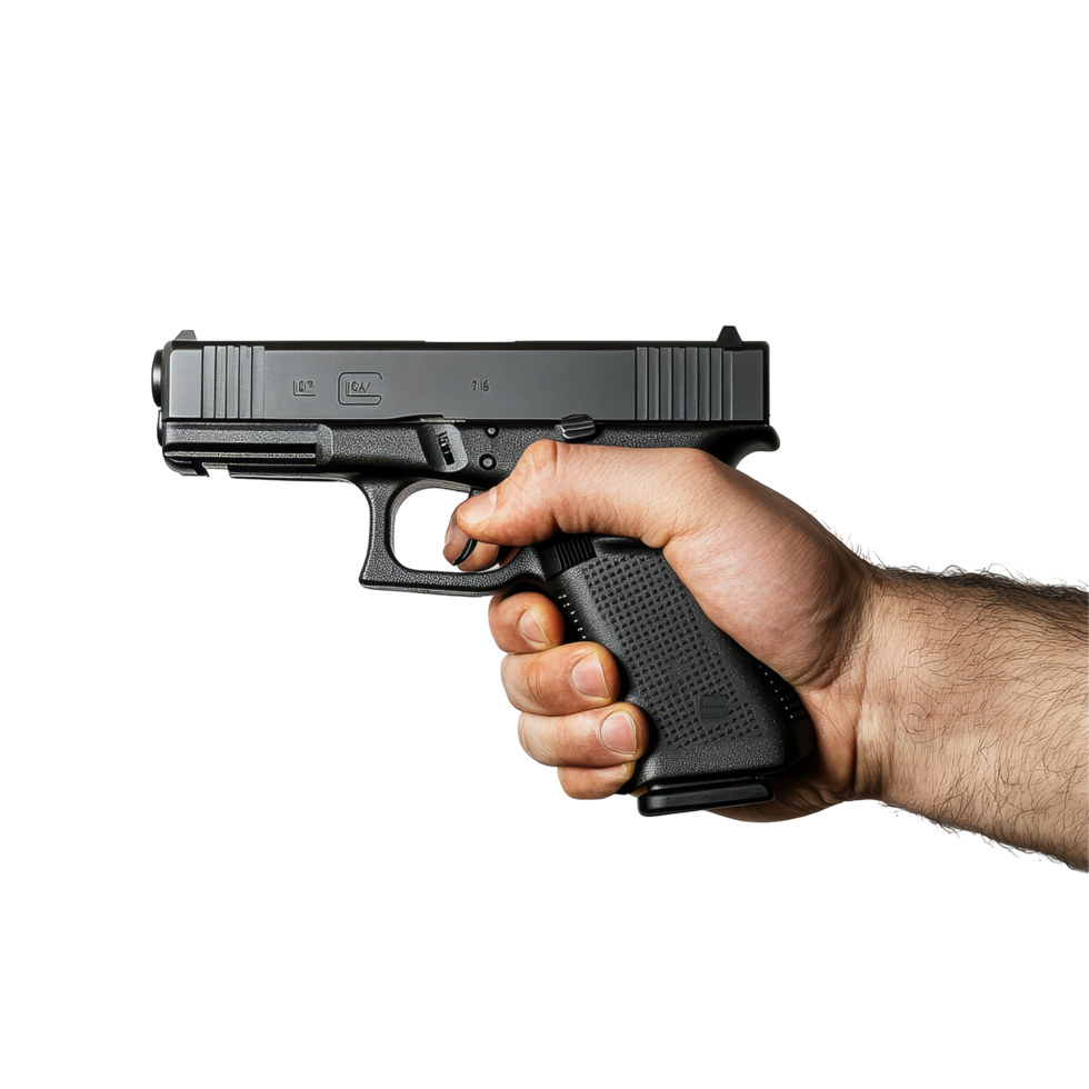 A hand holding a Glock pistol against a clean transparent background in a focused display of firearm handling, Hand Holding Glock Pistol on transparent background png