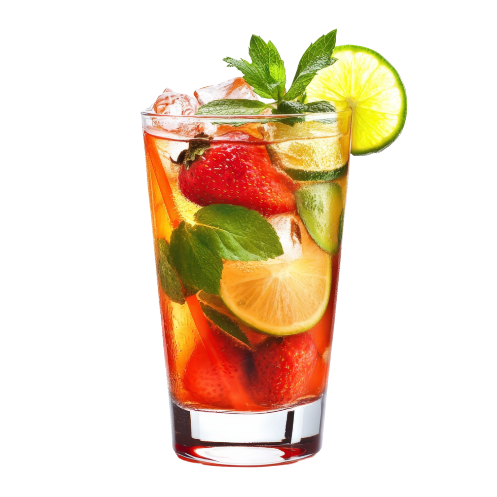 Refreshing summer cocktail with strawberries, mint, and lime on a transparent background, summer cocktail isolated on transparent background or transparent backgroud png