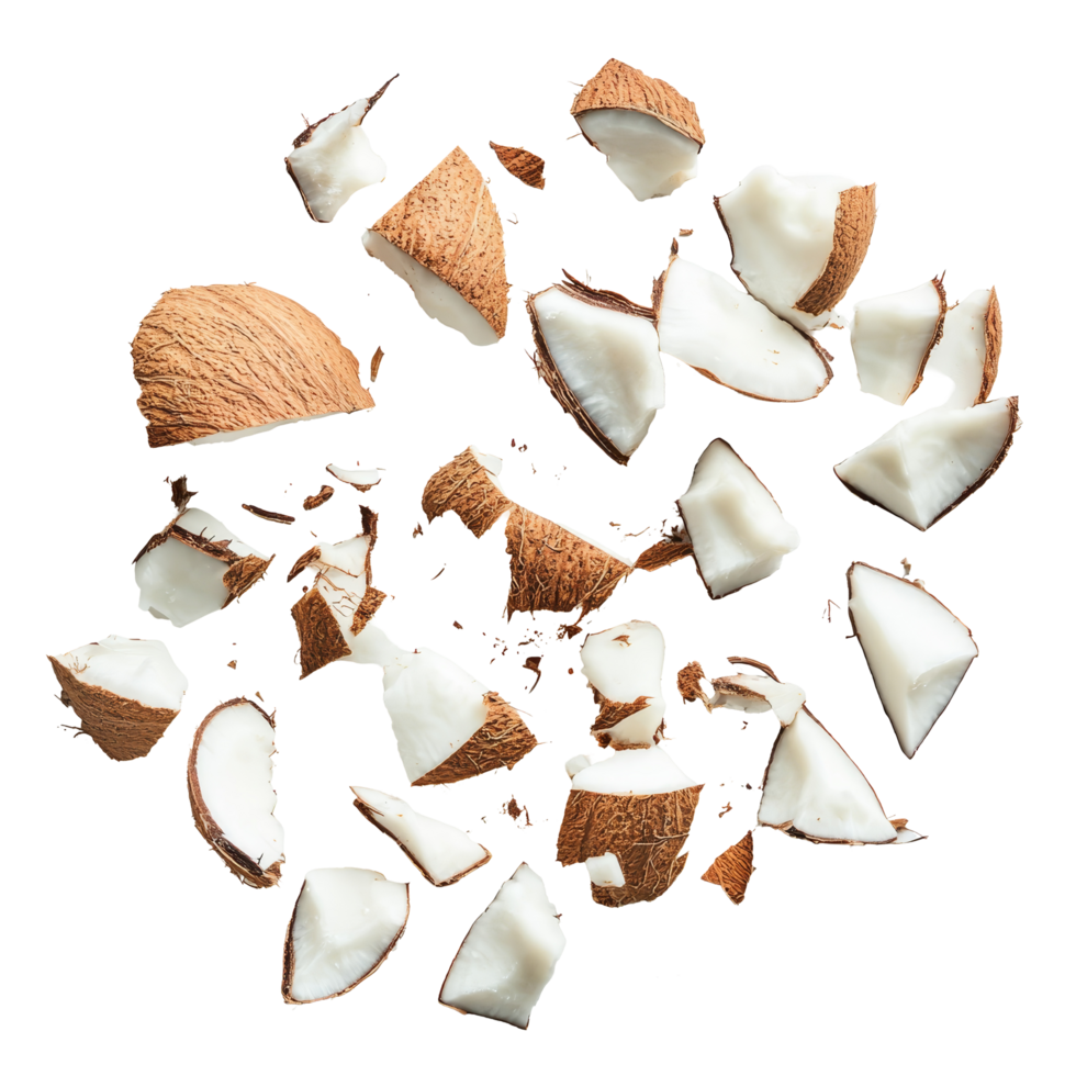 Coconut pieces scattered on a transparent background ready for culinary use or creative presentation, Coconut pieces on transparent background png