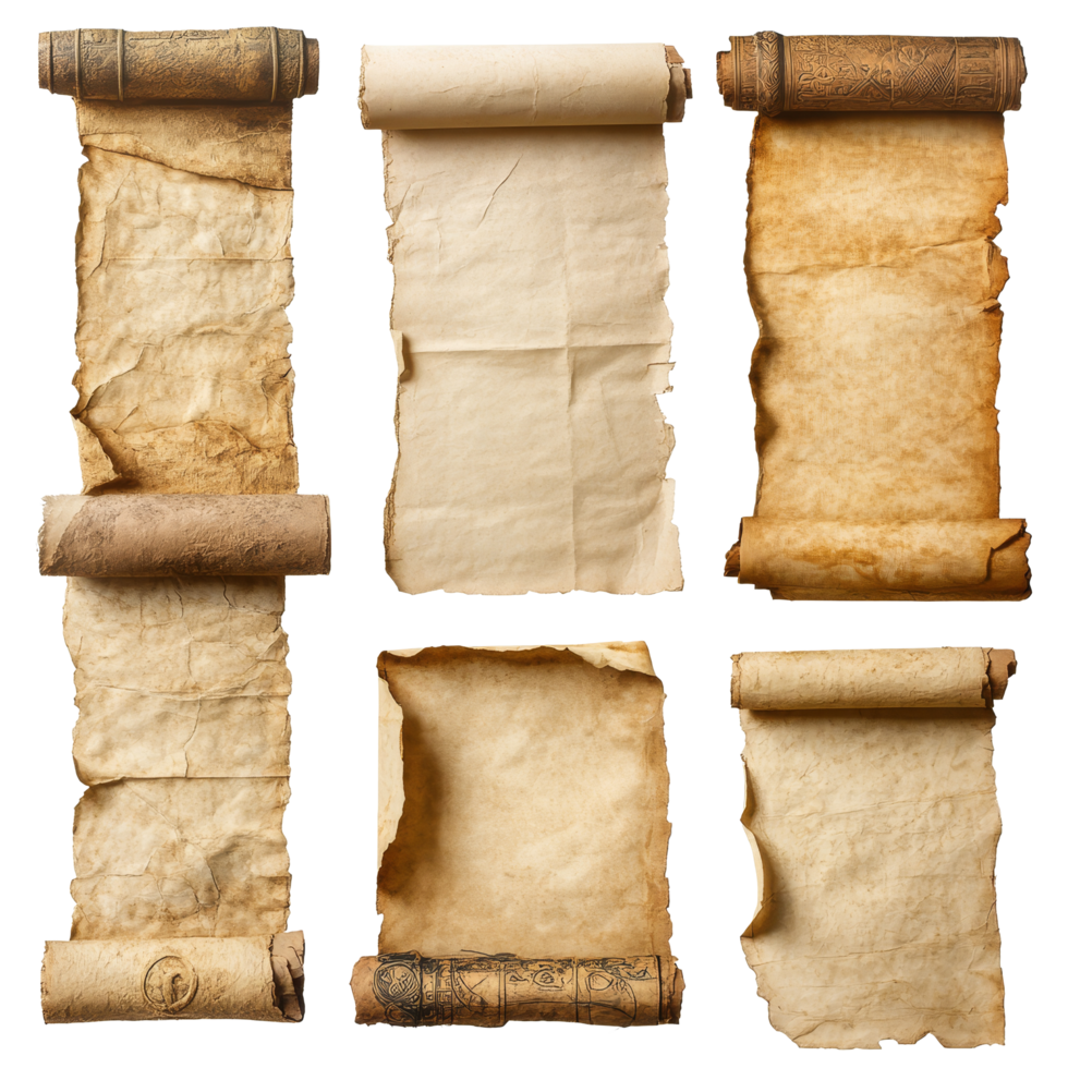 Ancient scrolls and parchment paper showcasing historical writing techniques and materials, Set Ancient Scrolls, Historical Parchment Paper with Aged Texture, Isolated on transparent background png
