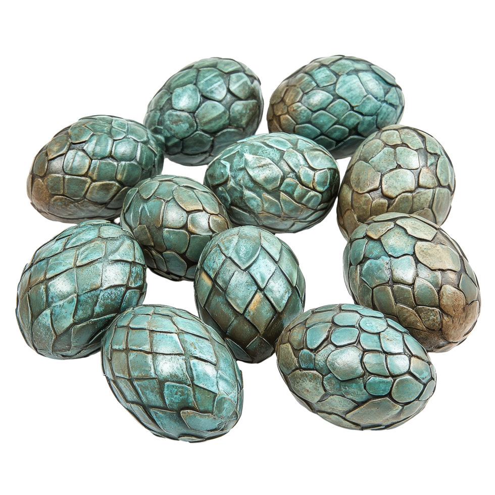 Mystical dragon eggs in various shades of teal and brown, arranged on a clean transparent background for enchanting display, Mythical Dragon Eggs on transparent background png