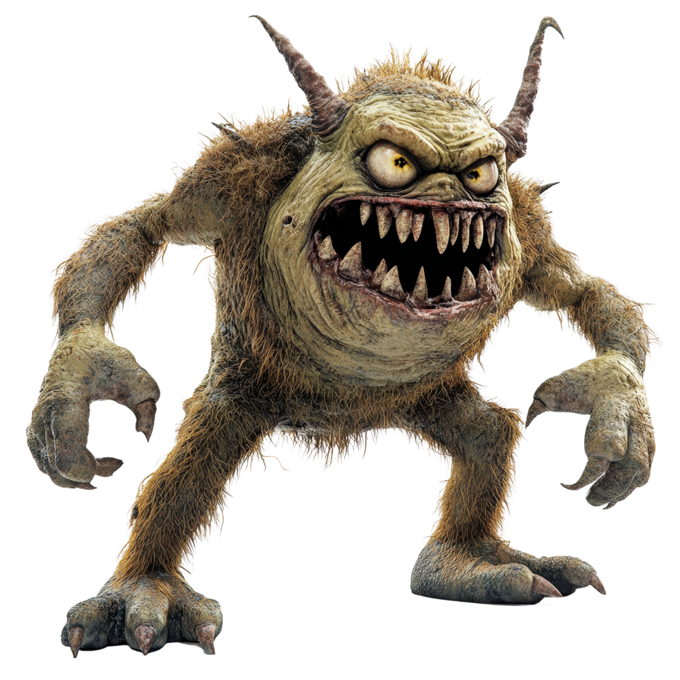 A terrifying monster with sharp teeth and wild fur posed against a stark transparent background, evoking fear and intrigue, Scary monster isolated on transparent background png