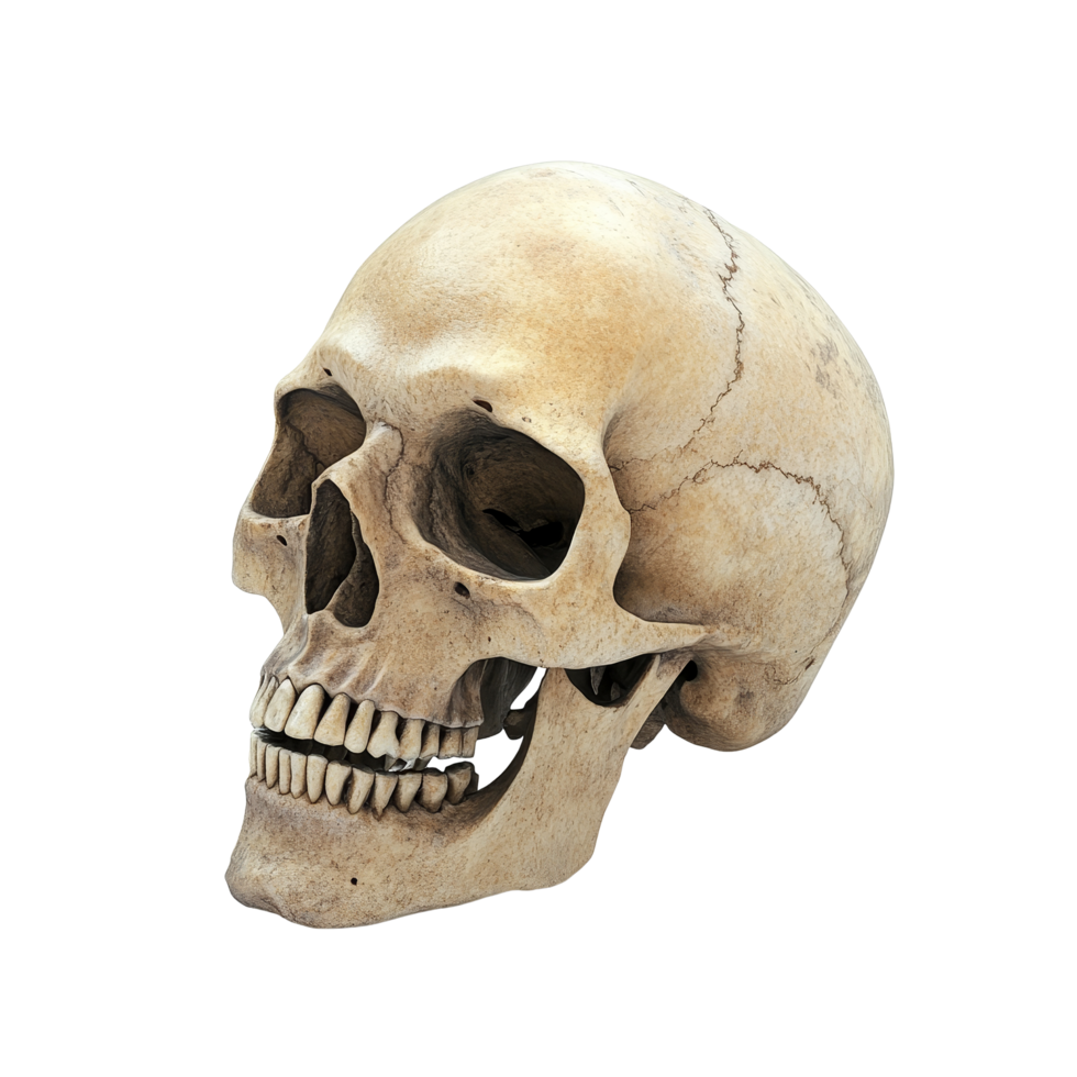 Human skull isolated on a transparent background showcasing anatomical features and details, A Human Skull Isolated on a transparent background png
