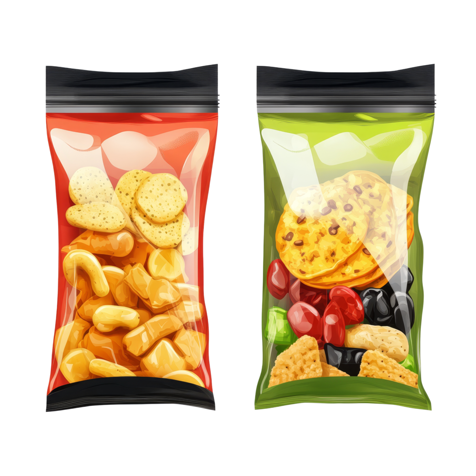 Vibrant snack packaging featuring assorted cookies and savory snacks against a clean, transparent background, Snack packaging isolated Stock Illustration png