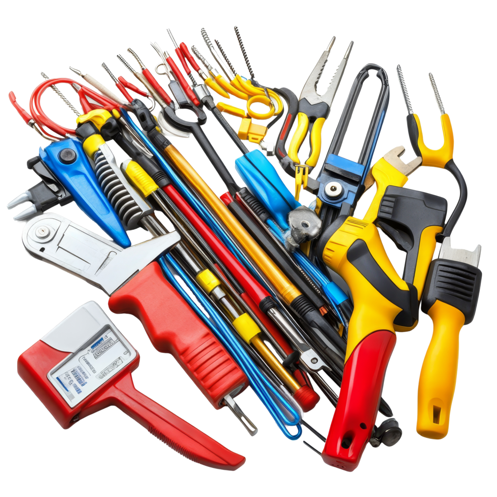 A variety of electrician tools arranged and isolated on a transparent background for maintenance and repair tasks, Group of electrician tools isolated png