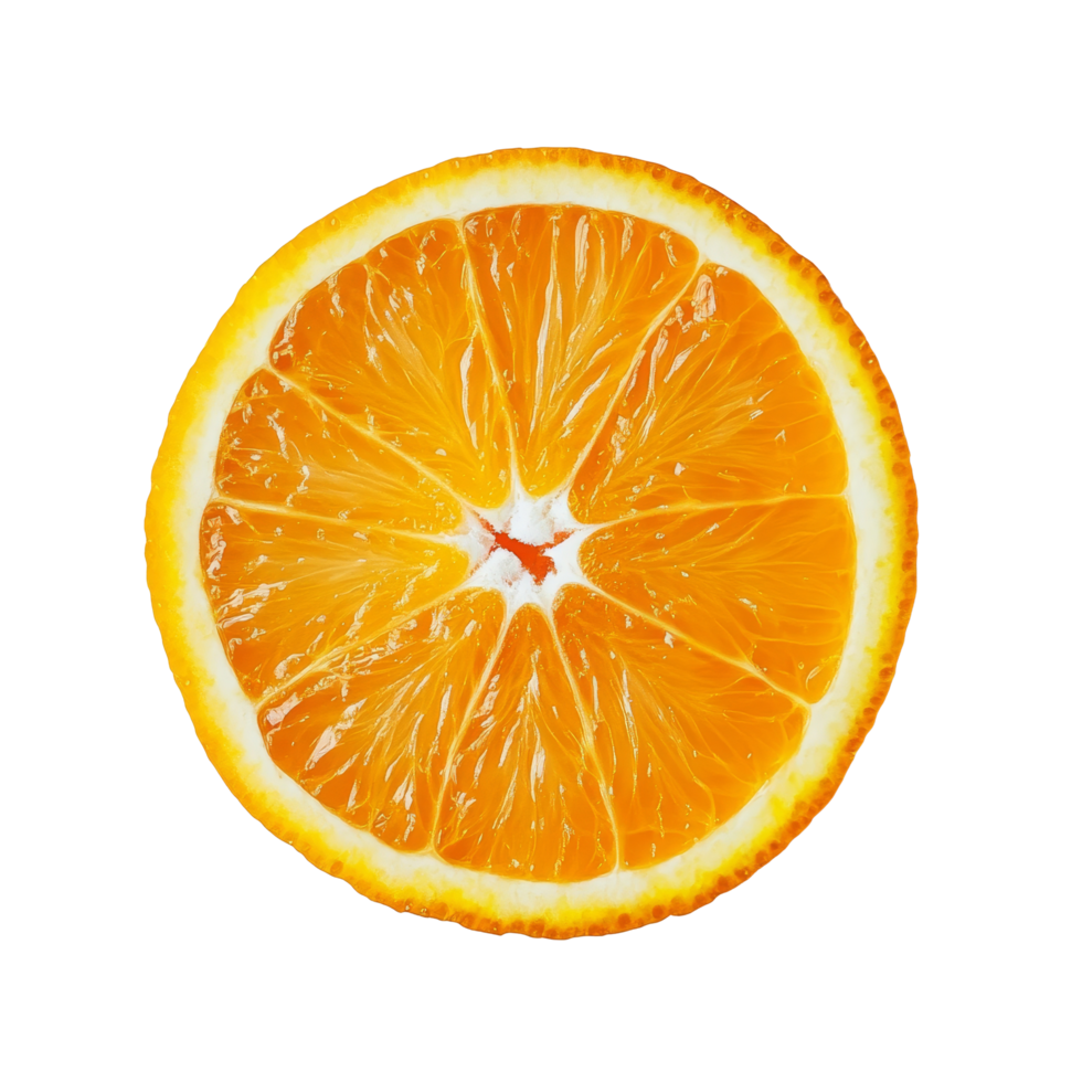 A fresh slice of orange showcasing vibrant color and juicy texture on a clean transparent background, slice of orange on transparent png