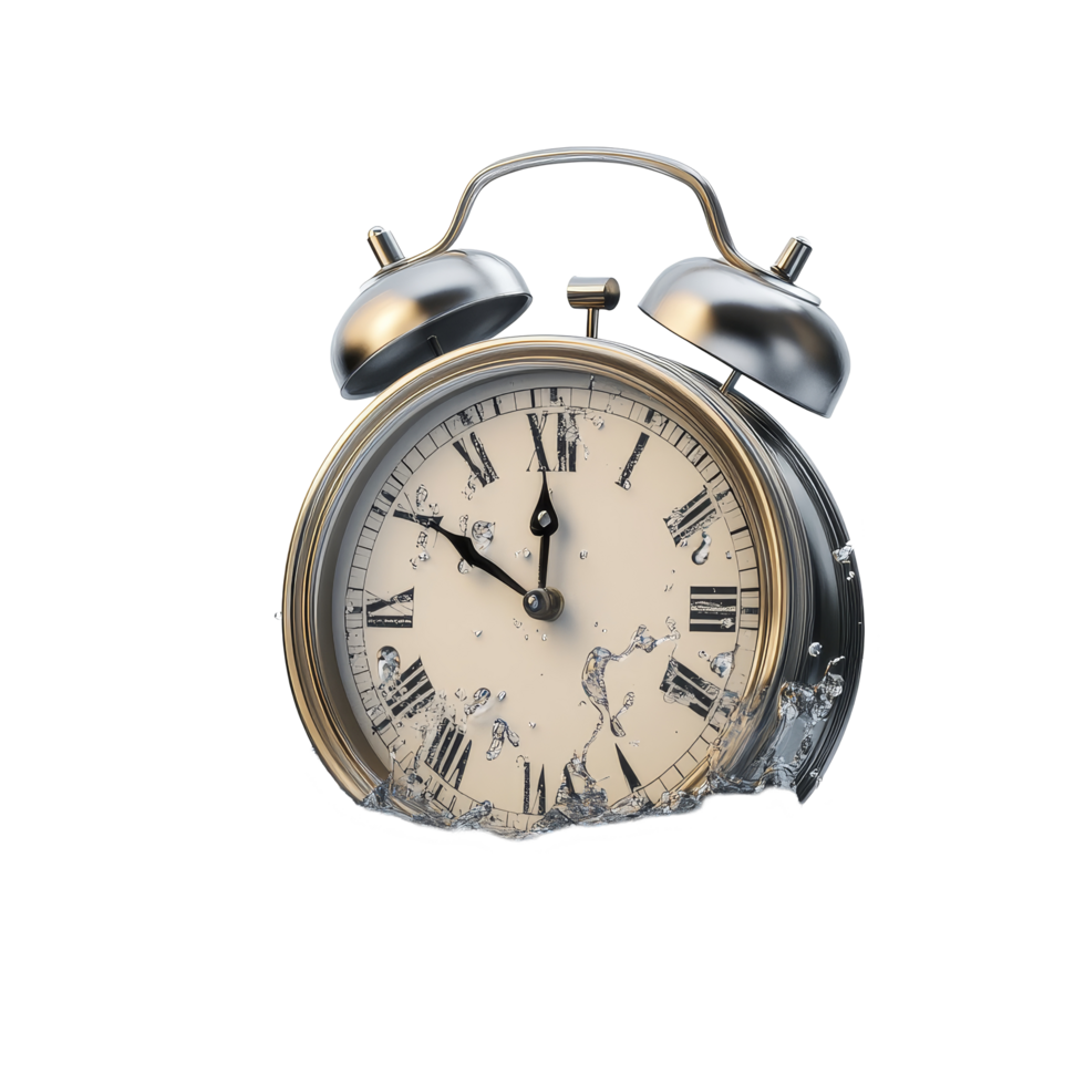 A closeup of a sinking clock with a hue, symbolizing the pressure of time as it approaches, close to twelve time limit concept sinking clock isolated on transparent background png