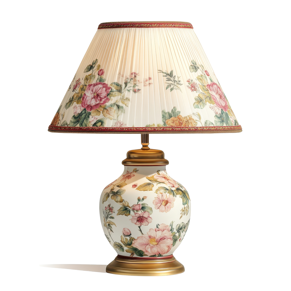 Elegant floral pattern table lamp illuminating a cozy living space, elegant table lamp with floral pattern print isolated on transparent background png