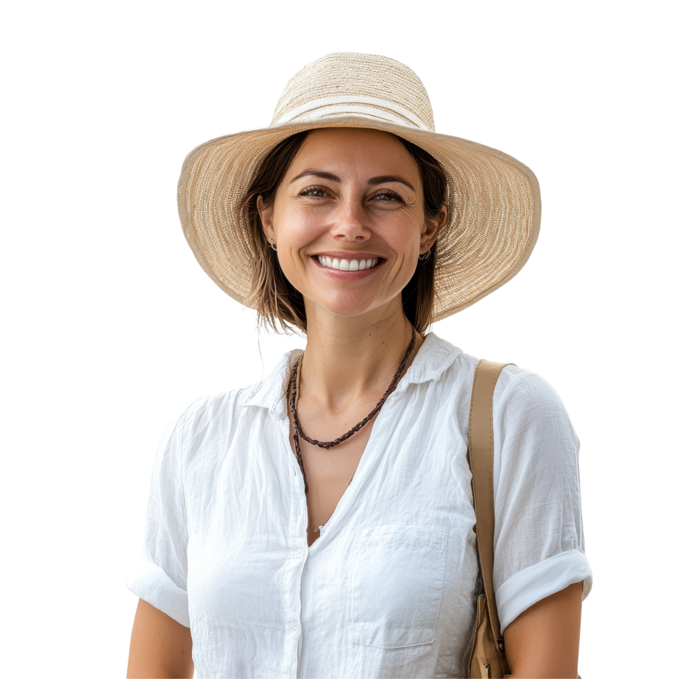 Smiling woman wearing a summer travel transparent and hat enjoying a sunny vacation day, a portrait photo of smiling woman in summer travel attire,isolated transparent background png