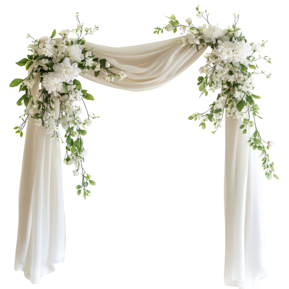 Spring wedding arch adorned with transparent drapery and vibrant flowers for a beautiful outdoor ceremony, Draped wedding arch with spring flowers and transparent fabric isolated on transparent png