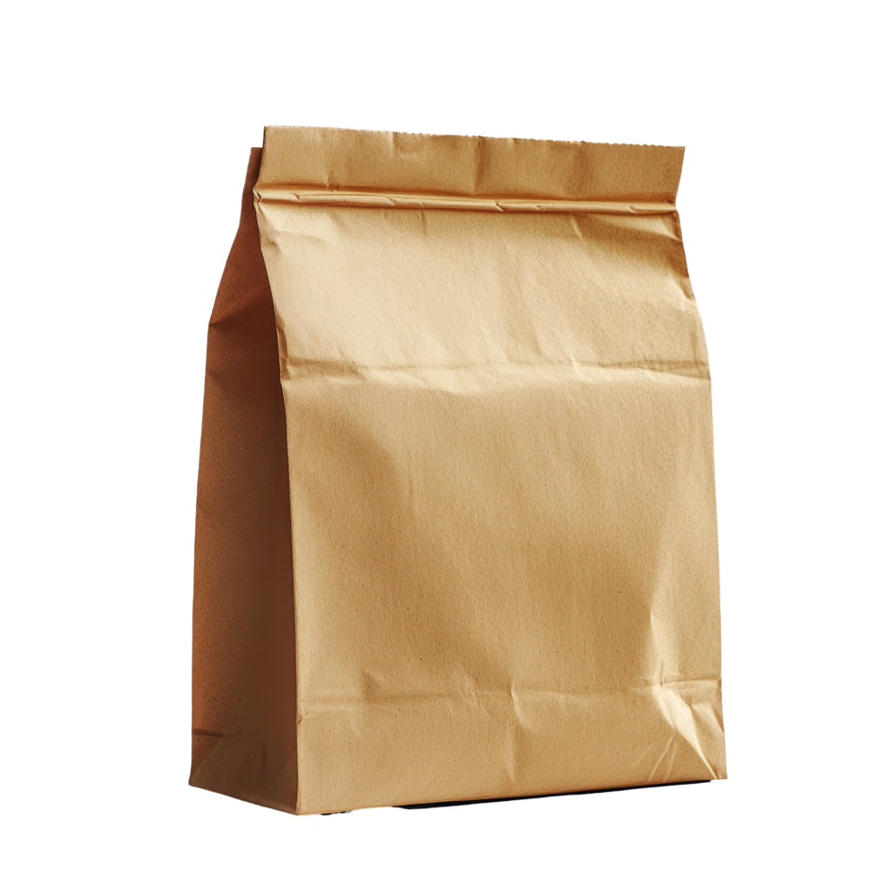A simple brown paper bag stands isolated against a backdrop, showcasing its texture and form, Brown paper bag isolated png
