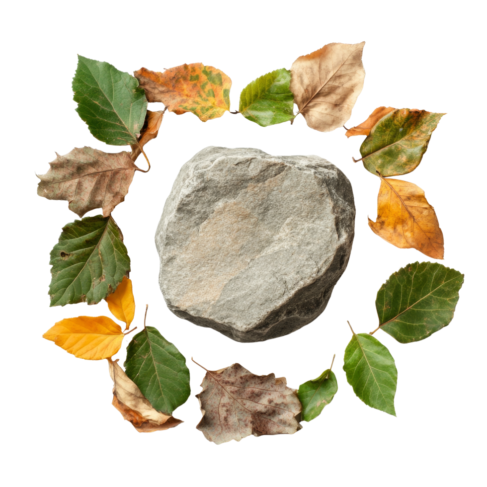 A rock stone surrounded by autumn leaves creates a natural centerpiece for seasonal decor and nature study, Rock Stone Surrounded by Leaves, file of isolated object png