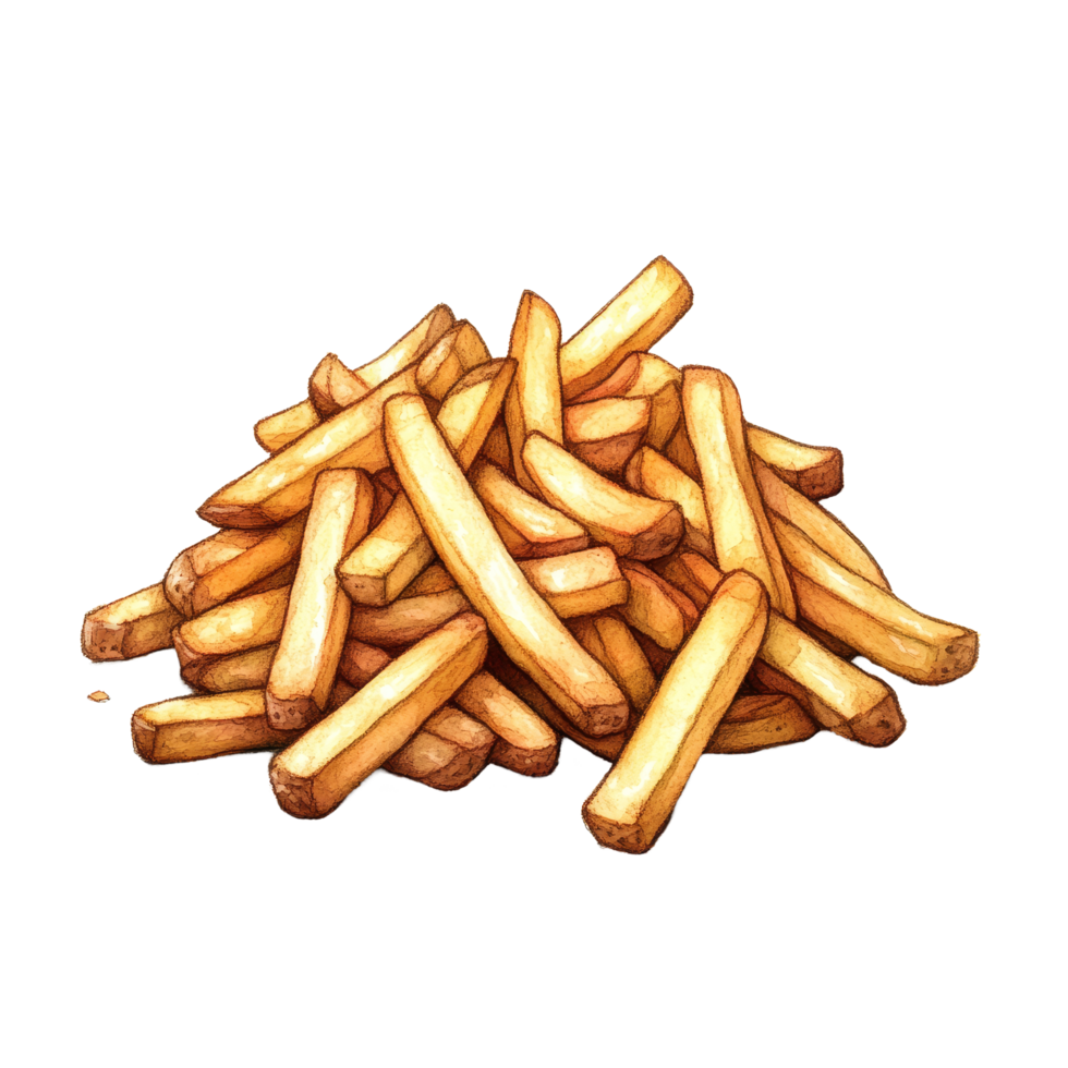 A small heap of golden, crispy French fries served on a plain background ready to be enjoyed at lunch or dinner, Small heap of french fries png