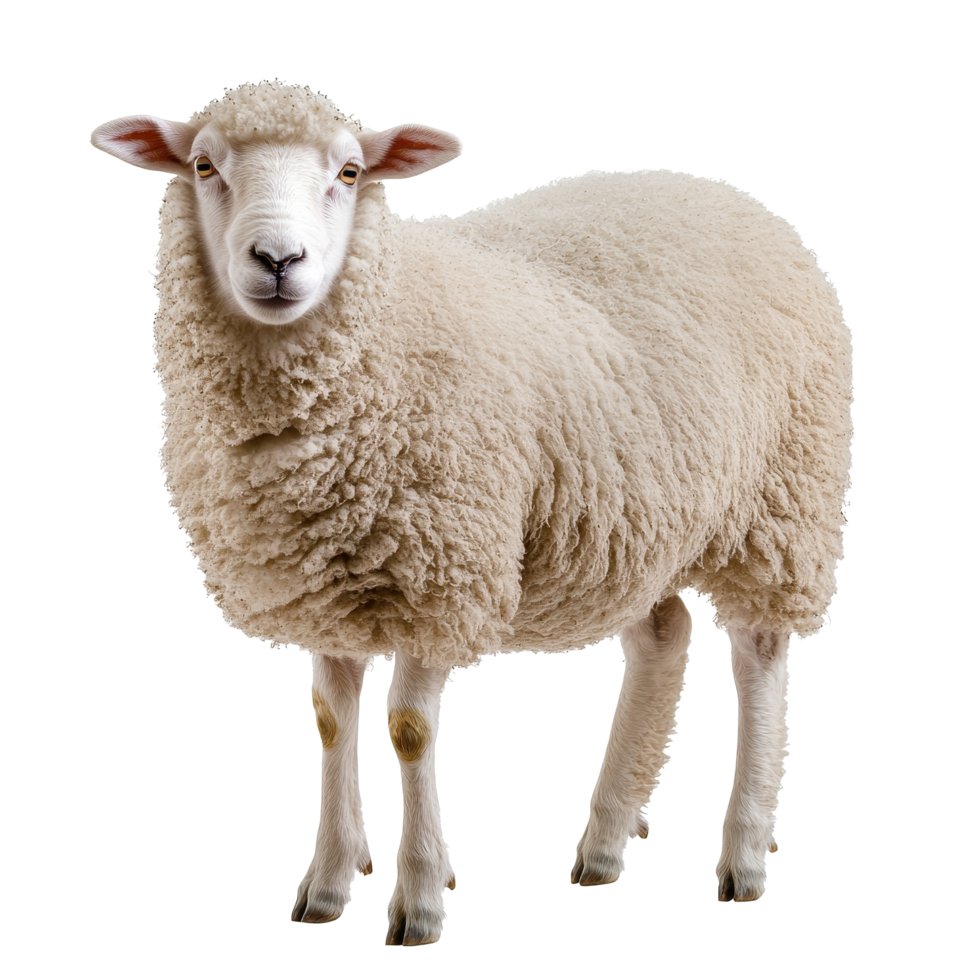 A fluffy transparent sheep standing against an isolated transparent background, showcasing its soft wool and calm demeanor, Sheep isolated transparent background png