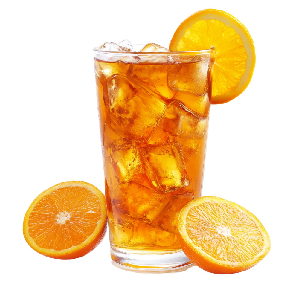 Refreshing orange iced tea served in a glass with ice on a bright transparent background perfect for summer days, orange iced tea cup on transparent backgroundfile png